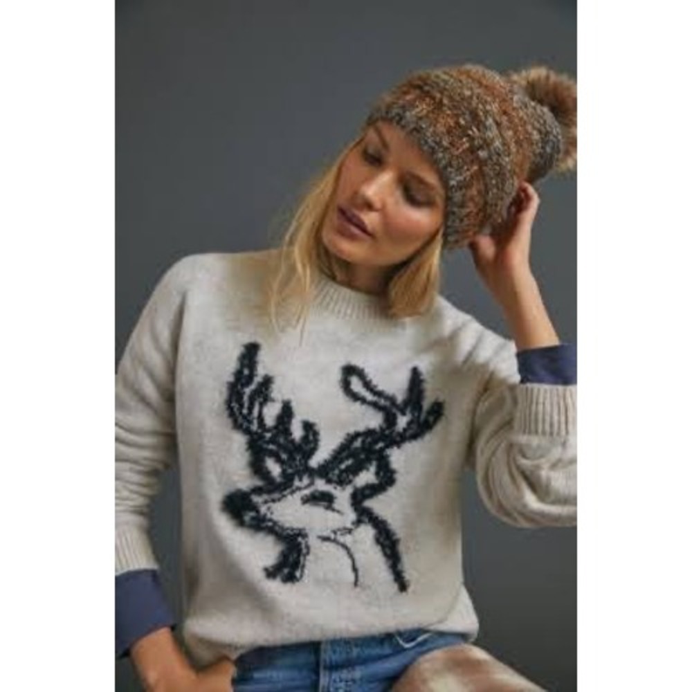 Anthropologie Oh Deer Knit Sweater Oatmeal Heather XS Fuzzy Buck Graphic
